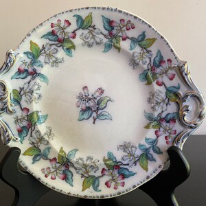 May include: A white oval serving plate with a floral design. The plate has two handles with gold accents and a white background with a floral pattern in shades of green, pink, and white.