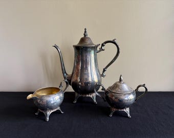 Vintage 3 piece silver-plate coffee set, Coffee pot with creamer and sugar bowl, Tarnished