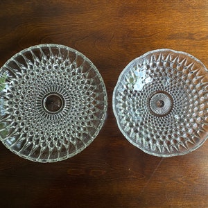 2 Vintage clear glass hobnail bowls, shallow serving bowls, footed hobnail bowl