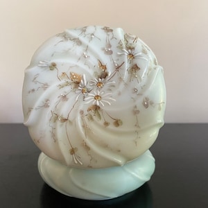 Antique C.F. Monroe Wave Crest Helmschmied Swirl hand painted Opalware box,  Victorian glass jewel box