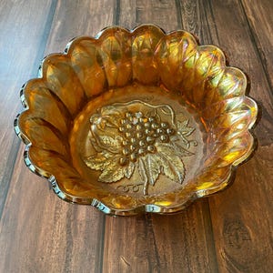 Vintage Imperial glass &quot;Heavy Grape&quot; marigold carnival glass bowl, 9 3/8 inch bowl