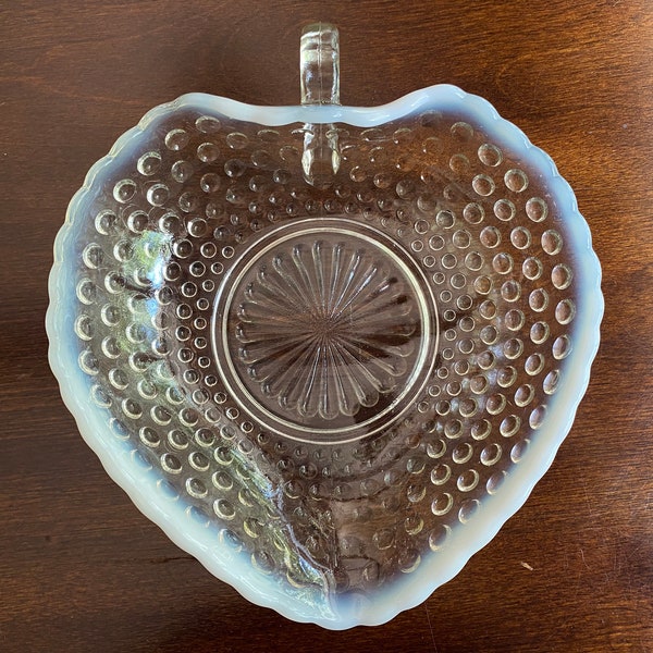 Vintage Anchor Hocking Moonstone heart shaped bon bon dish with one handle, opalescent hobnail dish, circa 1941-1946