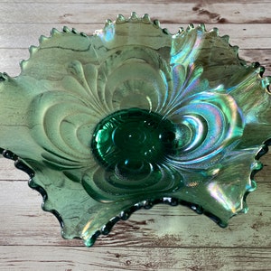 Antique Imperial Glass &quot;scroll embossed&quot; bowl in green