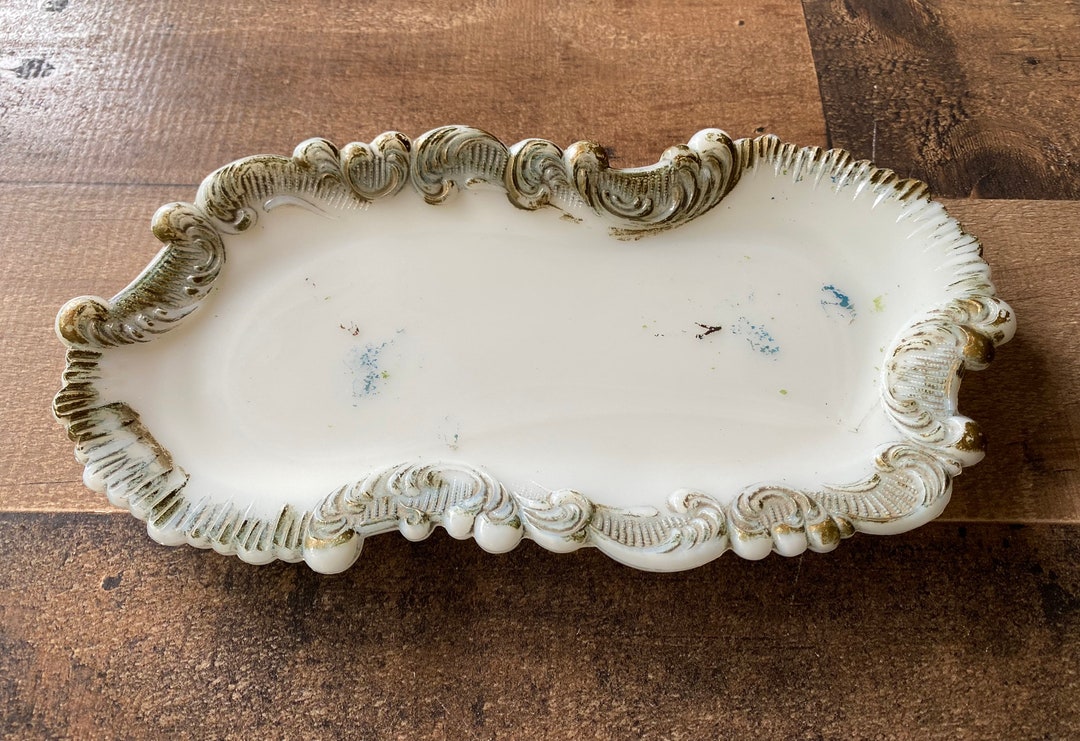 Antique Milk Glass Vanity Tray With Gold Painted Scrolled Etsy
