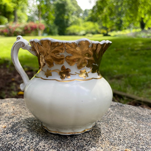 Vintage white and gold porcelain pitcher, gold ivy design, small pitcher or creamer