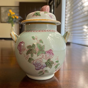 Vintage Adams Calyx ware &quot;Metz&quot; sugar bowl, floral ironstone sugar bowl, blue with pink flowers, Made in England