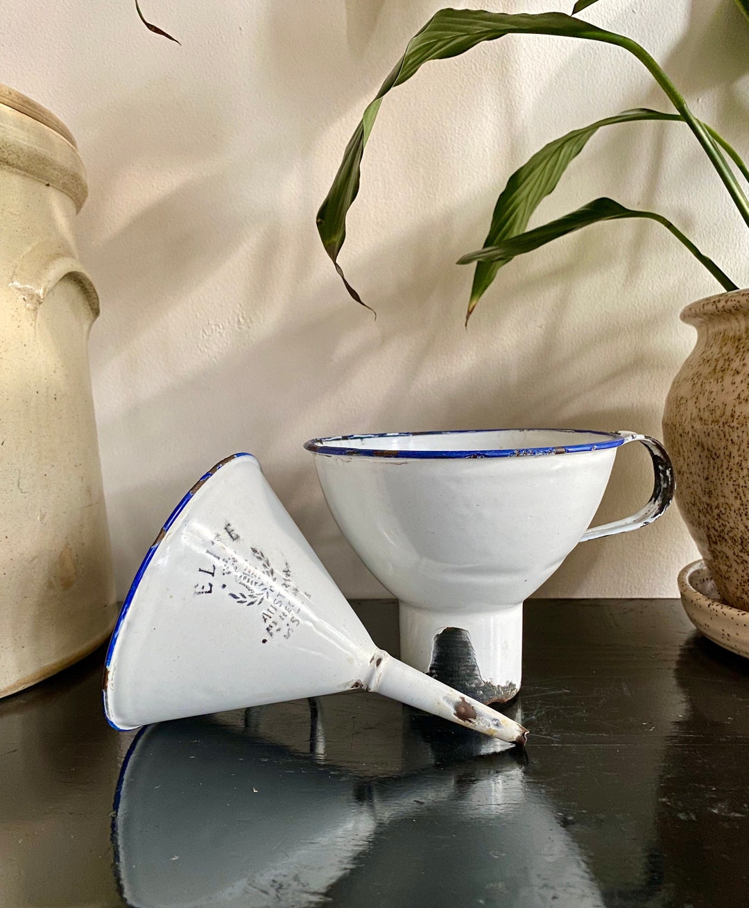 Set of Two Vintage White and Blue Enamel Funnels, Elite Austria Funnel, Farmhouse Funnels Etsy