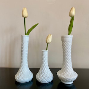 Set of three vintage diamond pattern milk glass bud vases, White glass vase set, Table centerpiece, Shelf decor