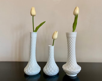 Set of three vintage diamond pattern milk glass bud vases, White glass vase set, Table centerpiece, Shelf decor