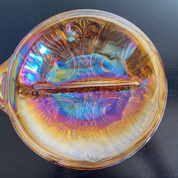 Vintage Indiana Glass "Killarney" marigold carnival glass divided dish, Round 2 part relish dish with handle