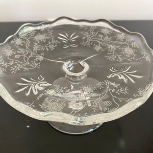 Vintage Fostoria Chintz (Baroque) cheese stand, Vintage small floral etched glass pedestal dish