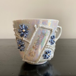 Vintage lusterware &quot;Til Erindring&quot; teacup with purple appliqué flowers and glitter branches,