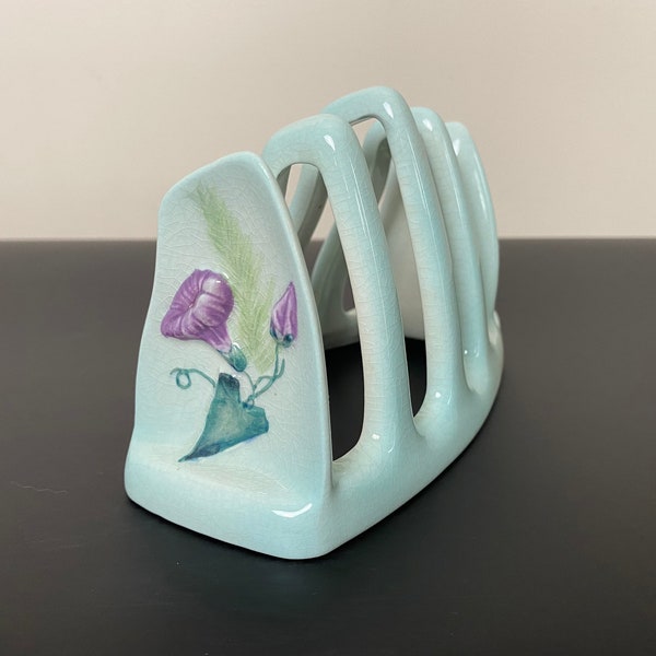 Vintage Carlton Ware light blue hand painted ceramic toast rack with raised purple morning glory detail, Made in England