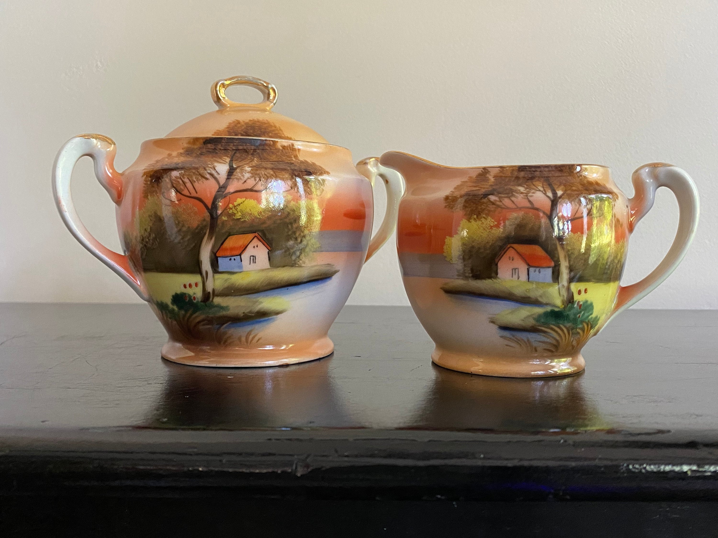 明治期里帰りノリタケM-JAPAN印 HANDPAINTED 湖夕焼け風景花瓶
