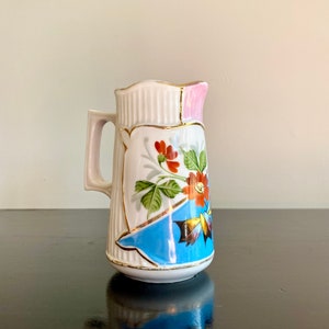 Small vintage porcelain pitcher / creamer, Pink and white and blue flower pitcher