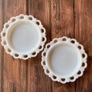 Pair of vintage Anchor Hocking &quot;Lace Edge&quot; milk glass salad plates