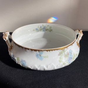 Antique GDM Limoges two handled porcelain serving bowl with blue flowers and gold trim, Made in France