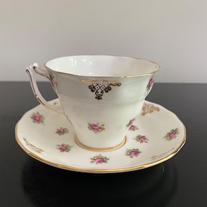 Vintage Old Royal bone china teacup and saucer, made in England, Pink rose and gold scroll design