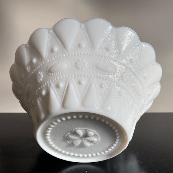 Vintage Temple "Lace and Dewdrop" bowl, White glass beaded oval bowl with ruffled rim