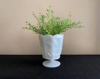 Vintage Napco milk glass vase with embossed cherry and grape design, Made in Cleveland OH