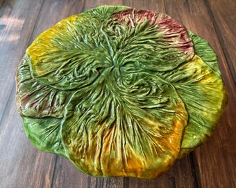 Ceramic majolica style cabbage leaf cake stand