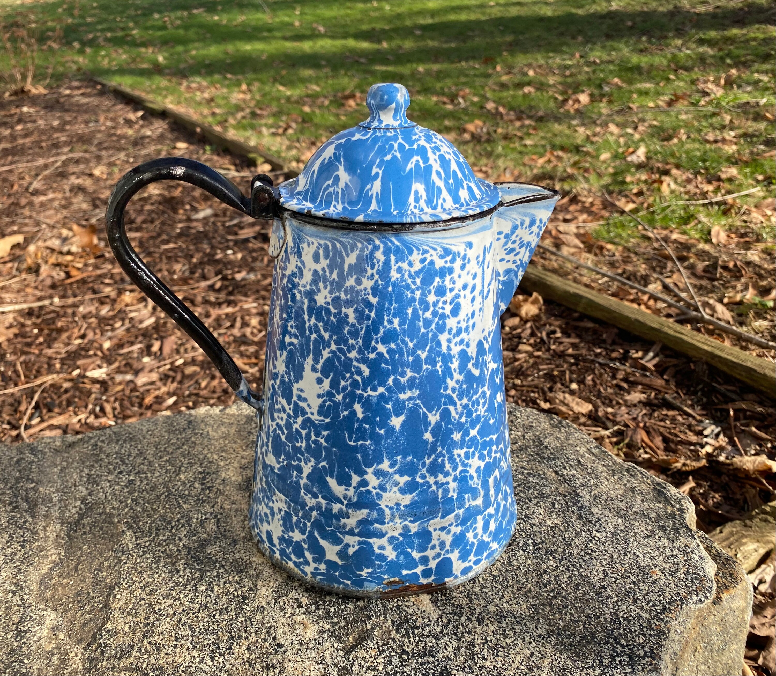 Blue and White Graniteware Coffee Pot