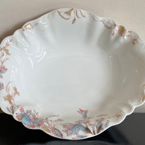 Antique Haviland Limoges serving bowl with light blue and pink floral design, Oval shaped French porcelain bowl