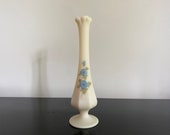 Vintage Fenton Blue Dogwood on Cameo tall bud vase, Fenton satin glass vase with blue hand pained flowers, original stickers
