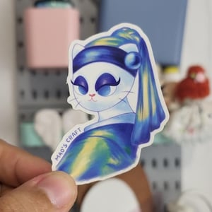 Katze mit Perlen Ohrring Matte Vinyl Sticker Kawaii Art