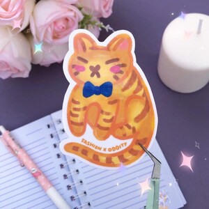 Glanzende sticker oranje kat - kawaii kattenkunst