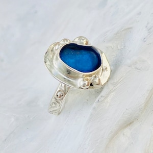 Blue frosted glass ring, size 5, recycled glass ring, deep blue beach glass ring, sterling silver,  handmade ring