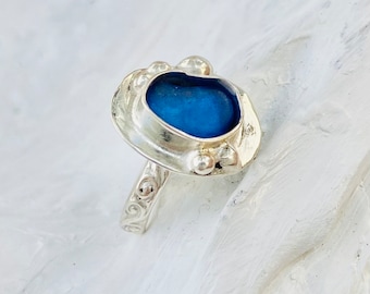Blue frosted glass ring, size 5, recycled glass ring, deep blue beach glass ring, sterling silver,  handmade ring