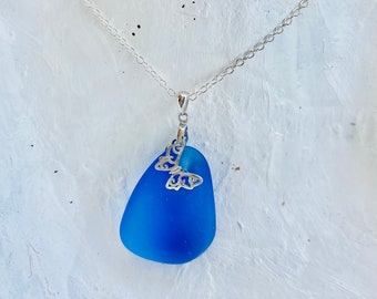 Blue Glass butterfly necklace, butterfly frosted glass necklace, butterfly glass necklace, blue glass jewelry, frosted glass jewelry