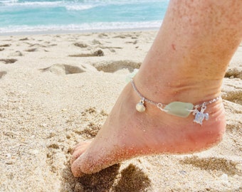 Seaglass Anklet, seaglass beach anklet, seahorse anklet, beach anklet, nautical anklet, real seaglass, ankle jewelry, beach anklet jewelry
