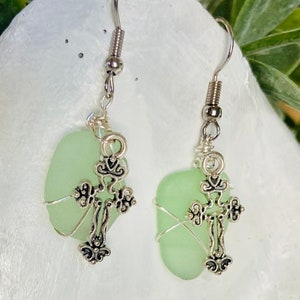 Cross Seaglass earrings, beach glass earrings, christian sea glass earrings, beachy earrings, christian jewelry image 1