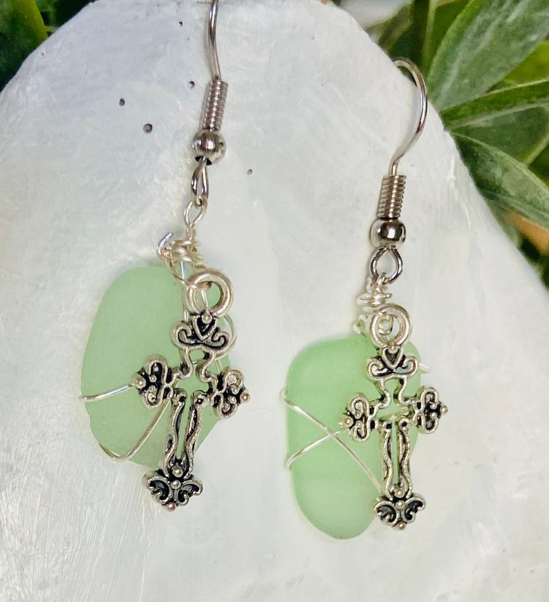 Cross Seaglass earrings, beach glass earrings, christian sea glass earrings, beachy earrings, christian jewelry image 1
