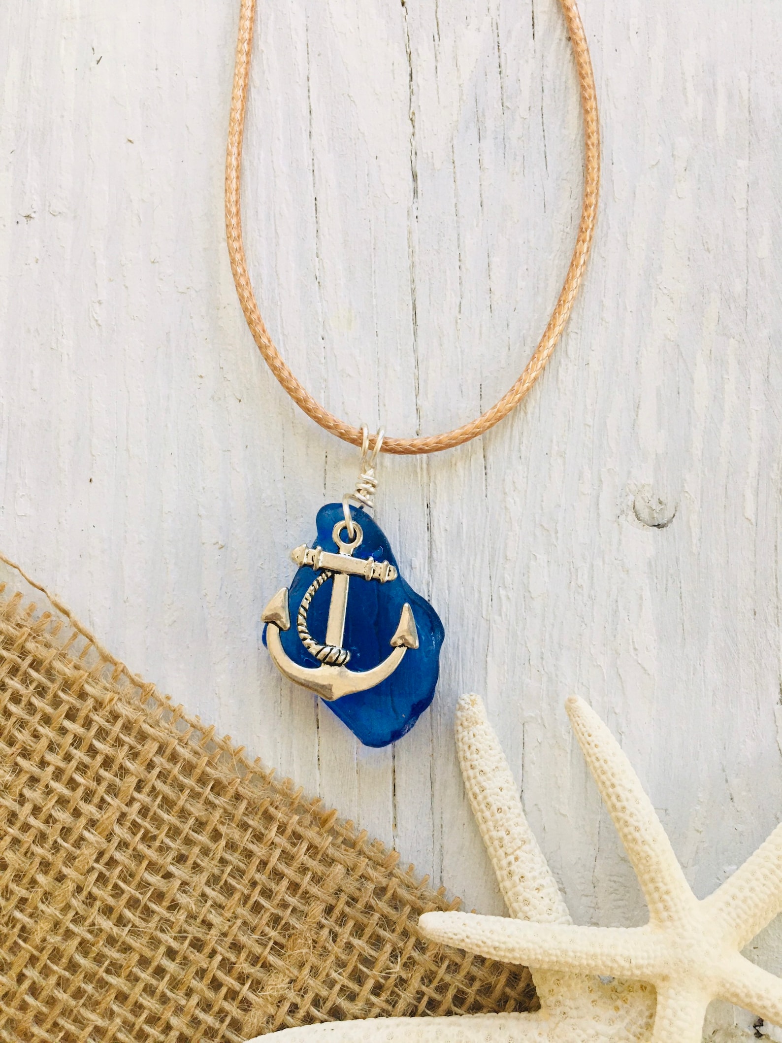 Mens Anchor seaglass necklace mens necklace surfer necklace Etsy