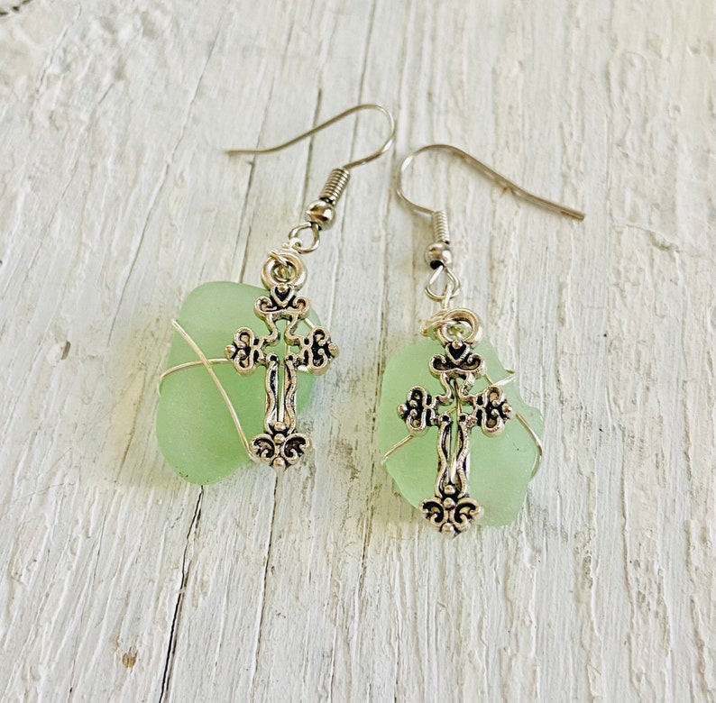 Cross Seaglass earrings, beach glass earrings, christian sea glass earrings, beachy earrings, christian jewelry image 2