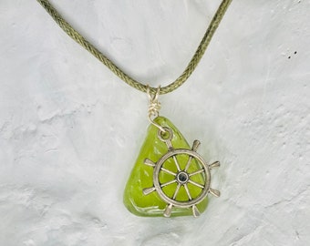 Mens Captain glass necklace, mens necklace, ship wheel captain necklace, surfer necklace, beach necklace, beach jewelry