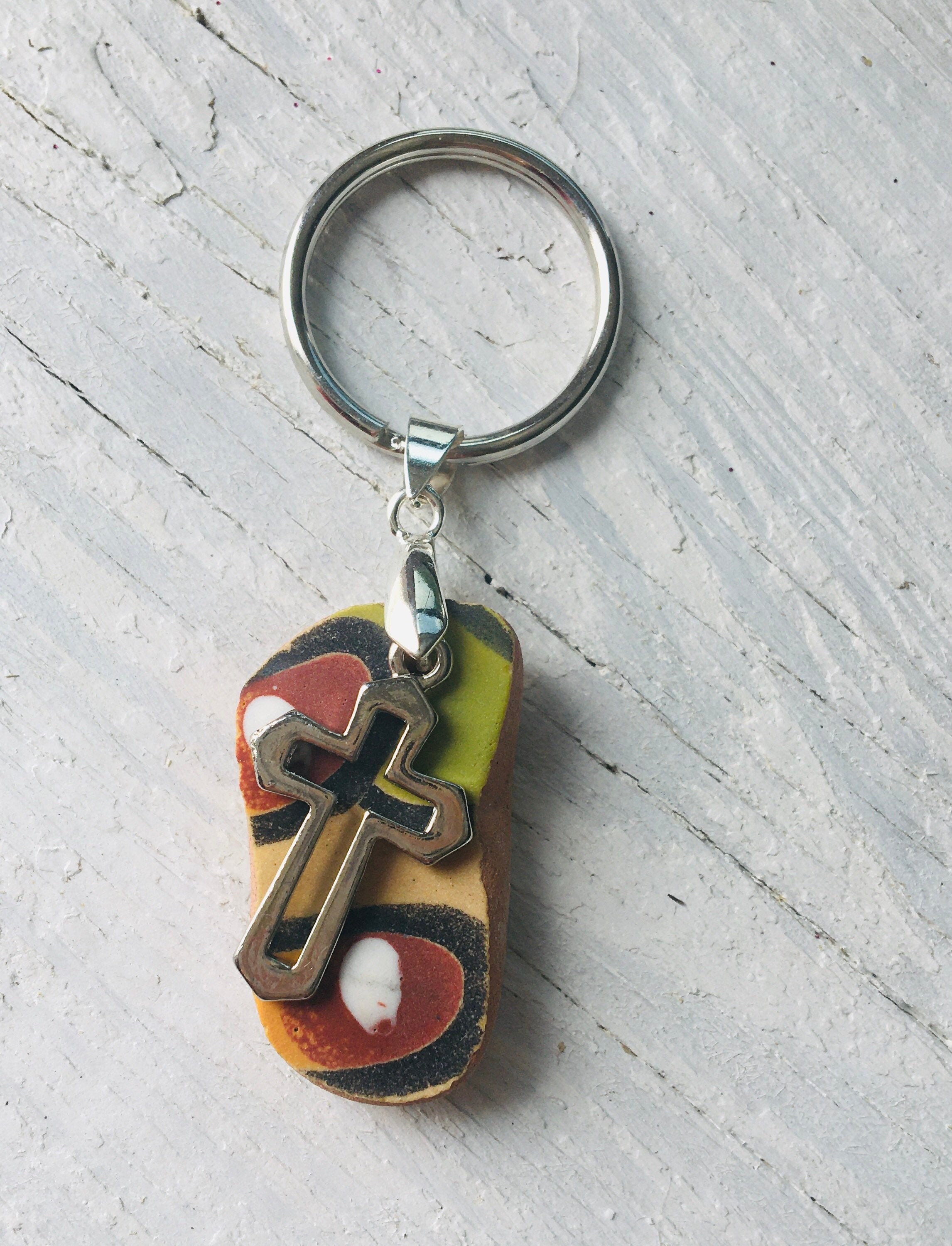 Keychain tumbled pottery keychains mexican pottery cross Etsy