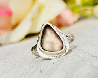 Pink frosted glass ring, size 5 1/2 US, pale pink glass ring, recycled glass ring, sterling silver,  handmade ring