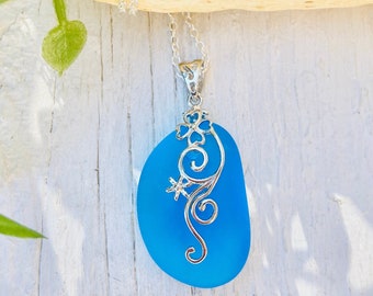 Blue glass necklace, leaves and vines frosted glass necklace, plant leaves necklace, blue glass jewelry, glass jewelry