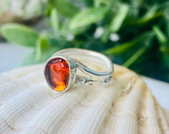 frosted glass ring, size 6 us, amber glass ring, amber glass ring, sterling silver,  handmade ring