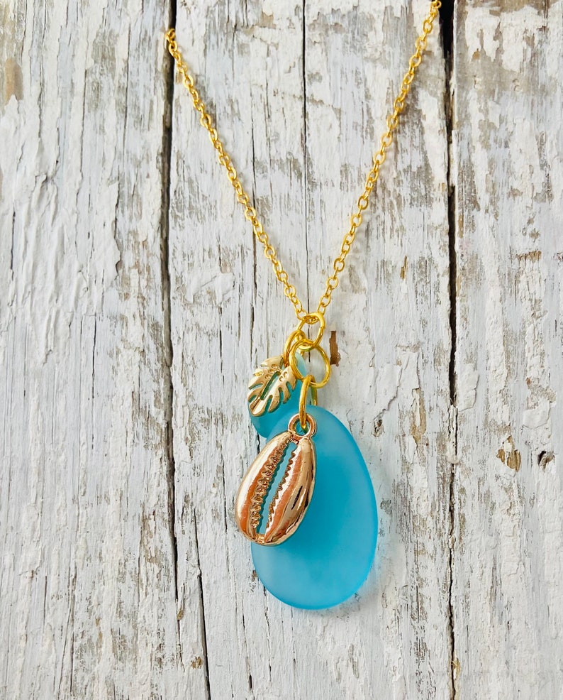 Beach necklace, shell and palm frosted glass necklace, frosted glass jewelry, tropical necklace, ocean necklace, nautical image 4