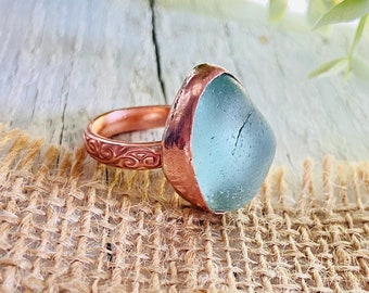 copper Seaglass ring, size 5 1/2 copper seaglass ring, real copper, handmade ring, seaglass jewelry, recycled glass