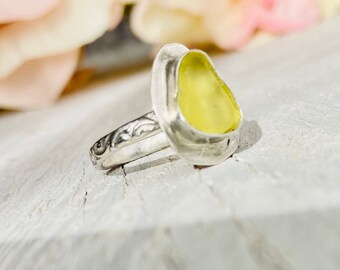 Yellow frosted glass ring, size 4 US, recycled glass ring, yellow glass ring, sterling silver,  handmade ring