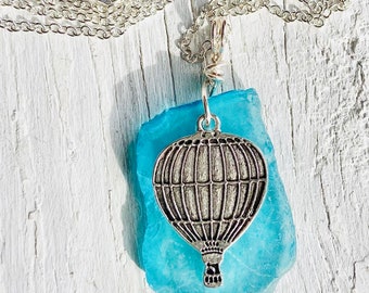 Hot air balloon glass necklace, Hot air balloon  frosted glass necklace, blue glass necklace, hot balloon charm