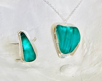 Matching frosted glass necklace and ring set, teal frosted recycled glass jewelry set, adjustable ring, teal glass necklace