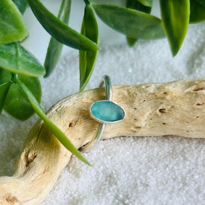 Glass ring size 9, aquamarine cultured glass ring, beach glass ring, sterling silver, handmade ring, seaglass