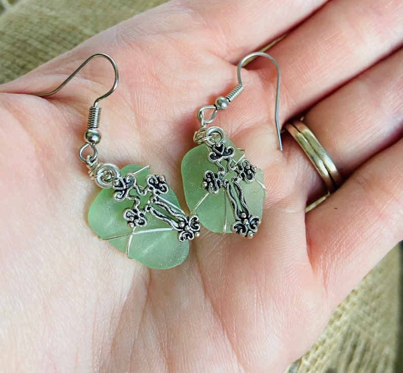 Cross Seaglass earrings, beach glass earrings, christian sea glass earrings, beachy earrings, christian jewelry image 3